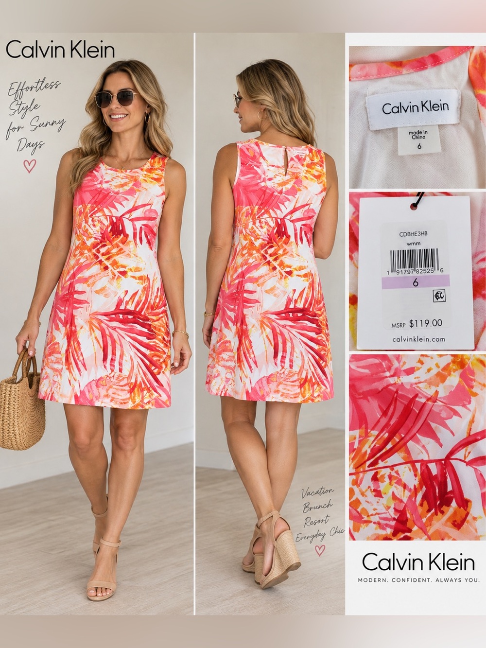 NWT Calvin Klein Tropical Floral Shift Dress Pink Orange Size 6 $119